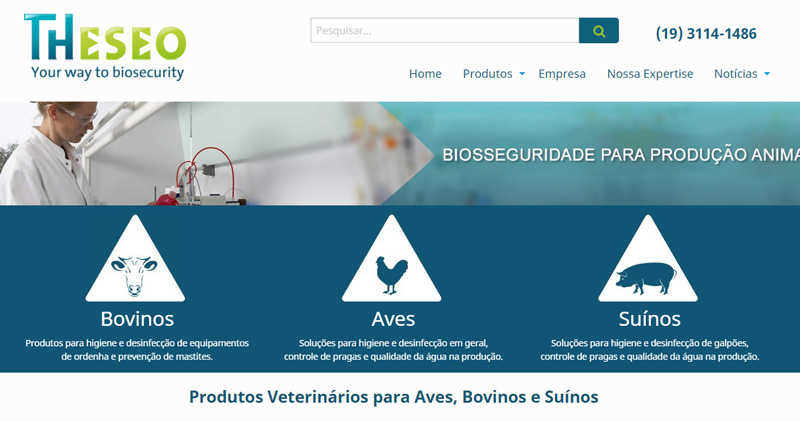 Multinacional francesa, a Theseo  uma empresa especializada em biosseguridade na produo animal e oferece solues para limpeza e desinfeco de galpes de produo de aves, sunos e bovinos. O seu site institucional foi criado pela Agenzzia.